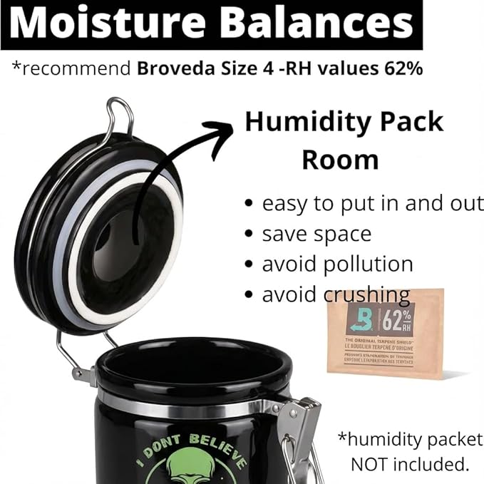 Alien Smell Proof Jar Half Oz (250ml), Separate Space for Humidity Pack To Keep Herbs Fresh For Months - Ceramic Smell Proof Containers, ET Stash Jar with Clamp Lid - Double Sealed Airtight Jar -Black