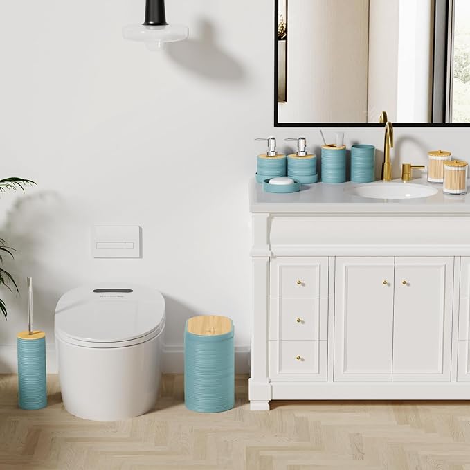 Light Blue Bathroom Set - 10PC Bathroom Accessories Set, Luxury Bathroom Accessory Set with Trash Can,Toilet Brush & 2 PC Soap Dispensers for Apartment Decor and Housewarming