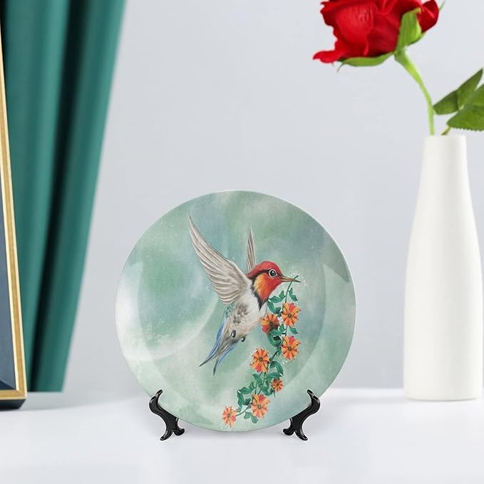 XISUNYA 8 Inch Decorative Plate, Hummingbird Porcelain Plate, Hummingbird Flying with Flower Branch Print Ceramic Wall Hanging for Home Office Party Dinner Table Decor