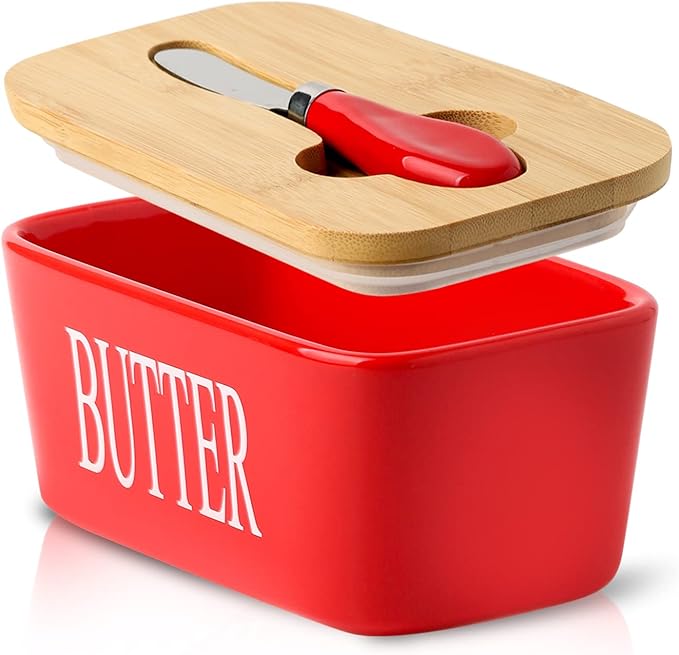 Hasense Butter Dish with Lid and Knife For Countertop, Large Butter Keeper Container with Stainless Steel Knife Spreader for Counter, Airtight Butter Holder with Cover for Kitchen, Christmas gift, Red