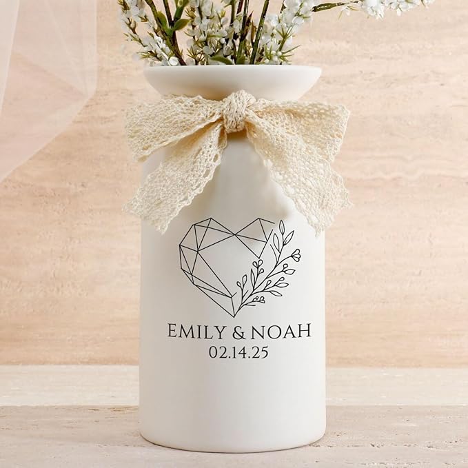 Personalized Wedding Vase with Custom Names and Date, White Ceramic Flower Bottle with Lace Bow, 3 Sizes.