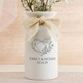 Personalized Wedding Vase with Custom Names and Date, White Ceramic Flower Bottle with Lace Bow, 3 Sizes.
