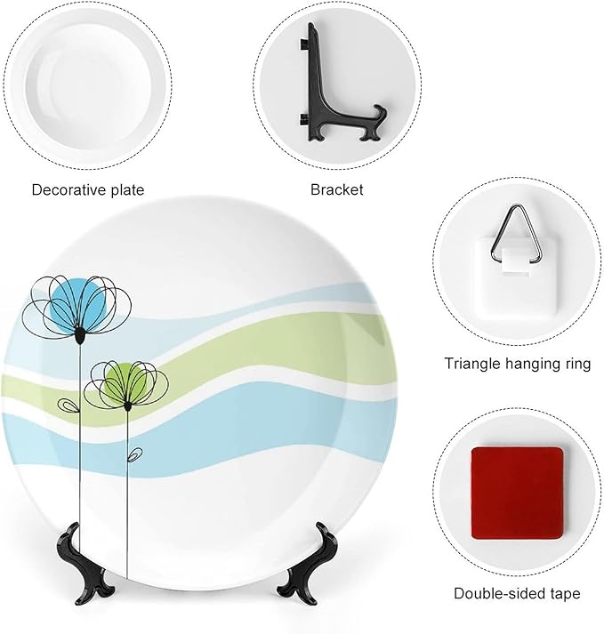 10 Inch Decorative Plate, Doodle Ceramic Plate, Summer Flowers with Cute Colors and Wave Backgorund Print Ceramic Wall Hanging for Fine Dining For Upscale Events, Dinner Parties, Weddings, Catering