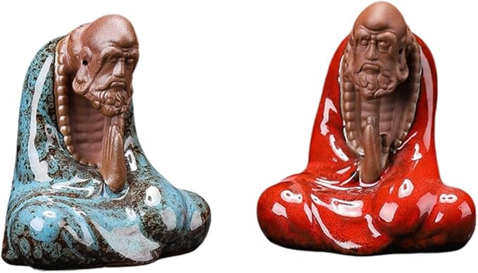 Purple Sand Bodhidharma Statue 7 cm Zen Bodhidharma Buddha Statue Meditation Ceramic Sculpture Home Tea Room Desktop Decoration Ornaments (Blue+red)