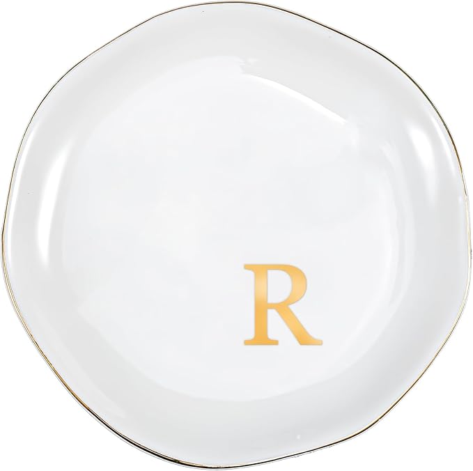 ProCase Ceramic Jewelry Tray, Initial Ring Dish Trinket Plate Engagement Gift, Small Personalized Monogram Ring Bowl for Wedding, White Decorative Jewelry Holder for Women Vanity -Letter R