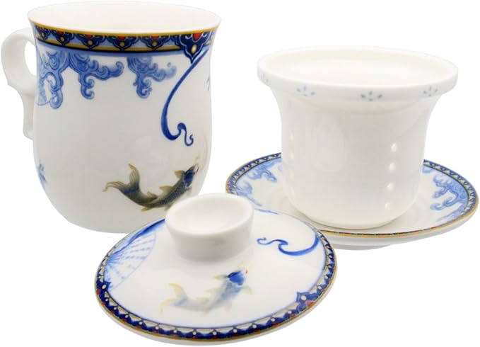 Porcelain Tea Cup with Infuser Lid and Saucer Sets - Chinese Jingdezhen Ceramics Coffee Mug Teacup Loose Leaf Tea Brewing System for Home Office