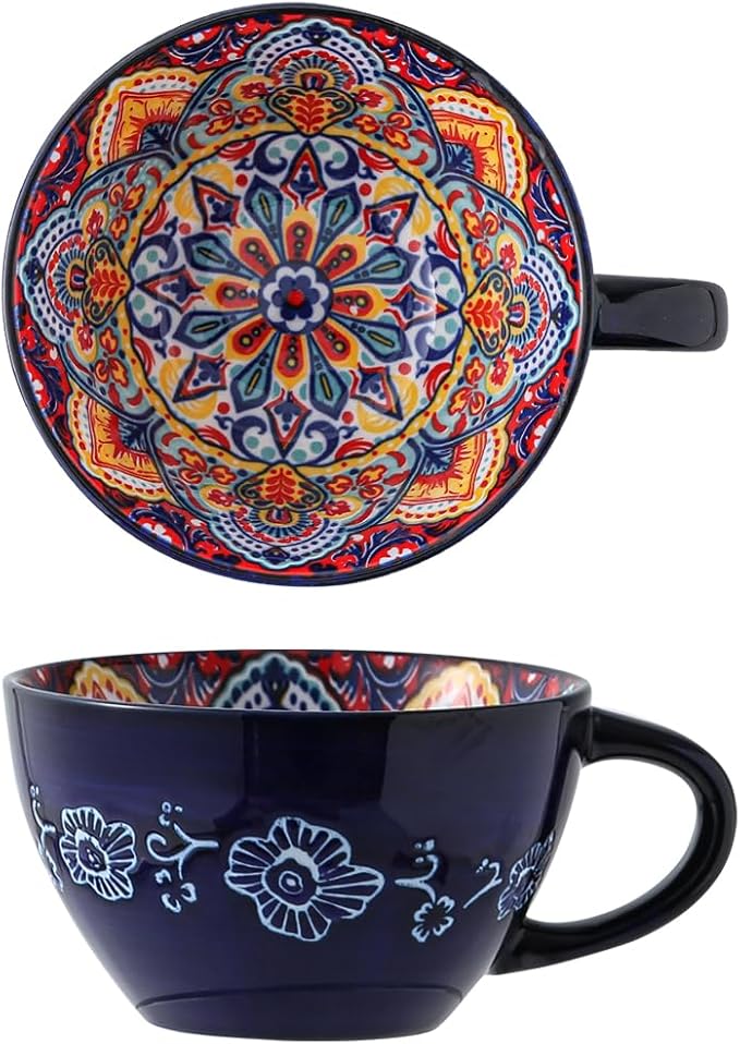 Bohemian Hand-Painted Ceramic Mug, 15 Oz Large Coffee Cup for Milk, Tea, and Breakfast, Dishwasher & Microwave Safe Artisan Cup, Navy Blue