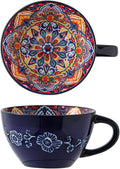 Bohemian Hand-Painted Ceramic Mug, 15 Oz Large Coffee Cup for Milk, Tea, and Breakfast, Dishwasher & Microwave Safe Artisan Cup, Navy Blue