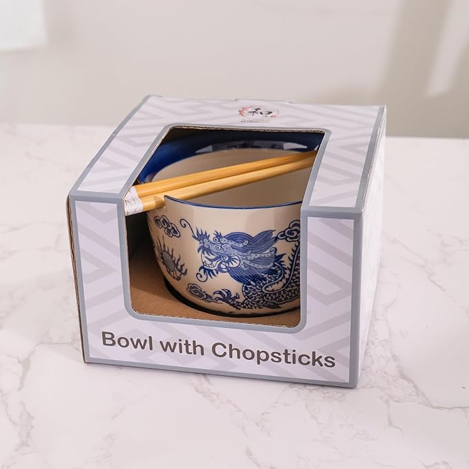 Urban Tokyo Handpainted Ceramic Glazed Japanese Ramen Udon Noodle Rice Bowl With Chopsticks 20 fl oz 5 inch Diameter Bowl Sets Color Box Packaging (Oriental Dragon Blue)