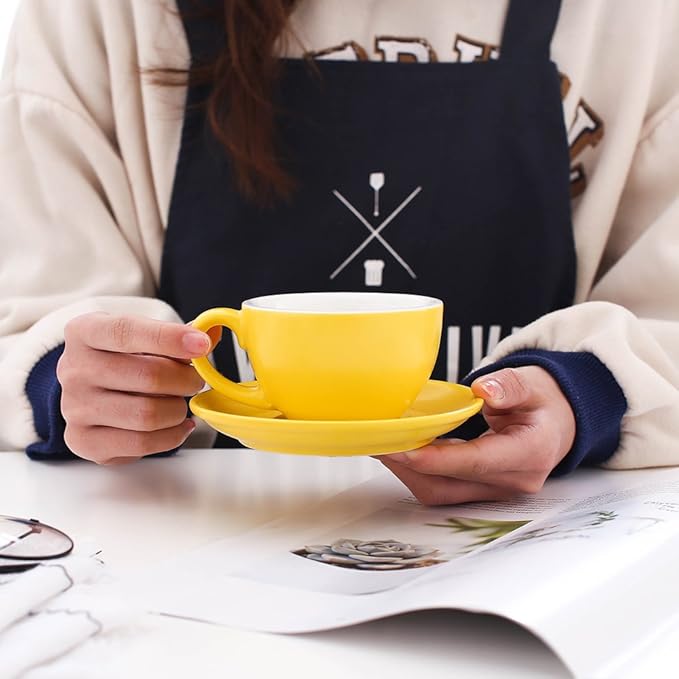 Small Speciality Coffee Double Espresso Cup and Saucer, Small Cappuccino New Bone China for Coffee Shop and Barista (Matte Yellow, 5 oz)