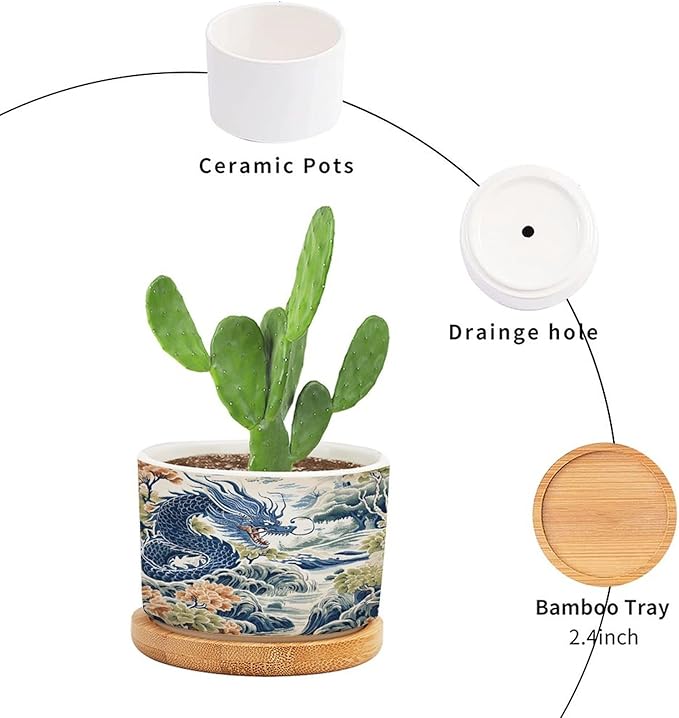 Trend Dragon and Print Ceramic Planters Chinoiserie Asian Inspired Flower Pots for Indoor Plants with Drainage Holes and Saucers Pot for Pots Outdoor Indoor Plants