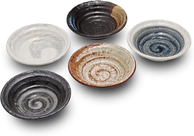 5.3 inches Serving Plates Set of 5, Rough Cut Shape Pottery, Dishwasher and microwave safe,Japanese Traditional Style and Color, Dessert plates, Appetizer Plates, Salad Plates (Deep Plate)