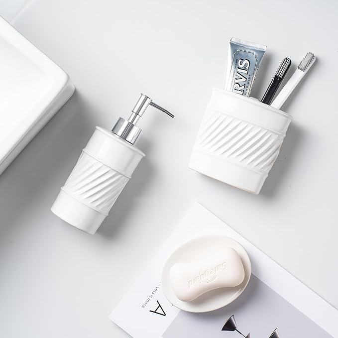 3-Piece Ceramic Bathroom Accessories Set - Soap Dispenser, Toothbrush Holder & Soap Dish with Modern Wave Embossed Design for Bathroom Accessory Set (White)