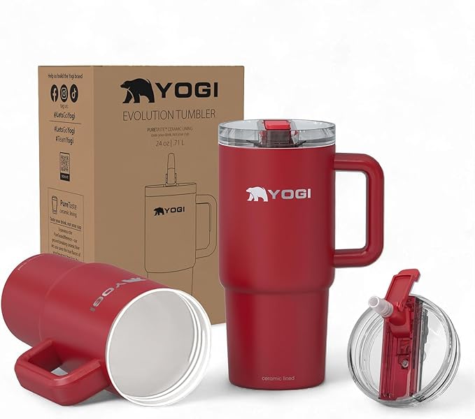 YOGI Ceramic Lined Metal Allergy Safe 24oz Tumbler with Handle and Straw Leakproof Flip & Sip Lid Vacuum Insulated Stainless Steel Travel Cup for Iced Coffee Water and All-Day Hydration 24oz Crimson
