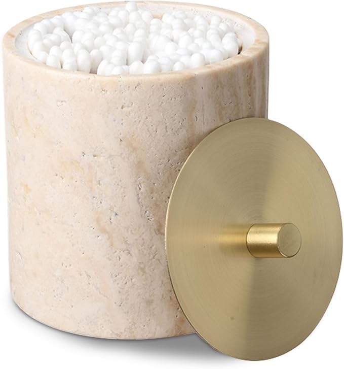 Nartural Marble Qtip Holder with Brass Lid, Beige Travertine Cotton Swab Jar, Modern Round Canister, Small Apothecary Storage Jars for Bathroom, Bedroom, Vanity, Kitchen Cabinet