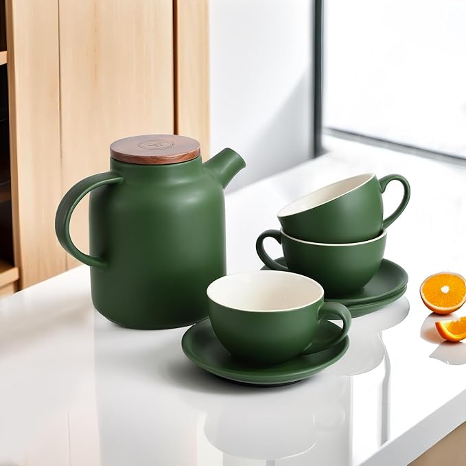 Yundu Matte Green Cappuccino Cups Set of 4-10oz Ceramic Latte Mugs with Saucers, Elegant Espresso Cups for Coffee & Tea