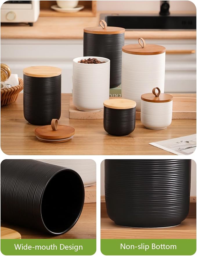 Ceramic Canister Set with Airtight Seal Lid, Kitchen Canisters for Countertop, Black Canisters Sets for Flour, Coffee, Bean, Sugar, Tea, Spices and More, Home Decor (Set of 3)