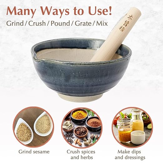 TIKUSAN Ceramic Ripple Ridge Mortar & Pestle (Suribachi & Surikogi) Set with Spout Made in Japan Mino Ware (Large Blue)