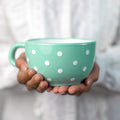 City to Cottage Handmade Ceramic Designer Teal Blue and White Polka Dot Cup, Unique Extra Large 17.5oz/500ml Pottery Cappuccino, Coffee, Tea, Soup Mug | Housewarming Gift for Tea Lovers