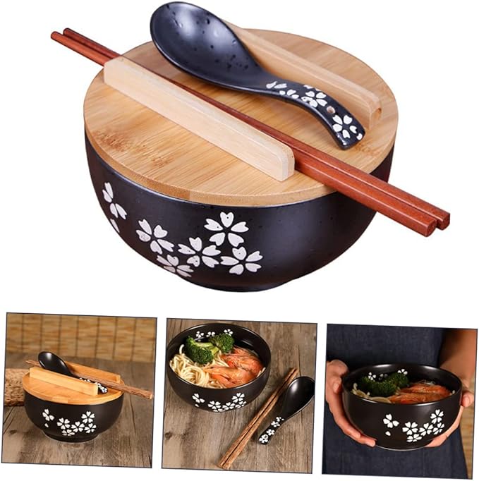 Mobestech 1 Set Ceramic Noodle Bowl with Lid Japanese Style Soup Bowl for Kitchen Tableware for Serving Noodles Salads and More Easy to Clean