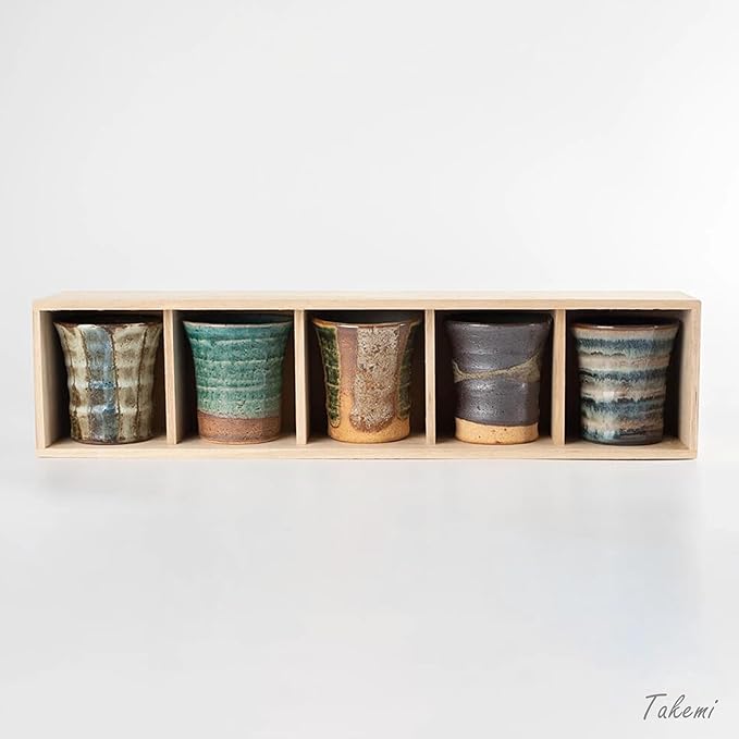 Japanese Sake Cup Set, Mino Ware Guinomi Ceramic Cups with Wooden Box, Traditional Pottery for Sake Tea, Handmade in Japan (Seian-gama Sake Set (5cups), Cup Size (4.9 fl oz - 145 ml))