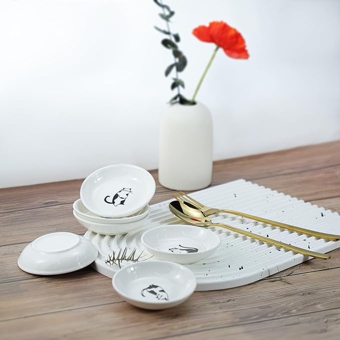 SOCOSY Super Cute Gentleman Cat Ceramic Sauce Dish/Seasoning Dish/Sushi Soy Dipping Bowl/Appetizer Plates/Serving Dish for Kitchen Home(Set of 6)
