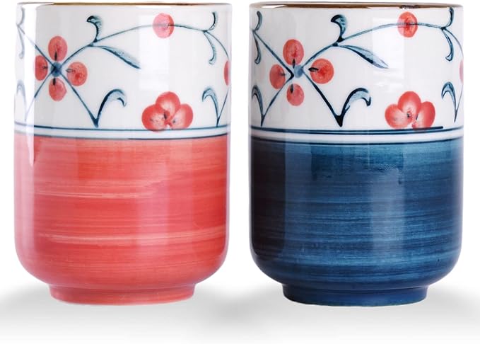 WHJY 10oz Transitional Chinese/Japanese style Handle-less Ceramic Tea cups teacup, Red Flora Pattern Set of 2