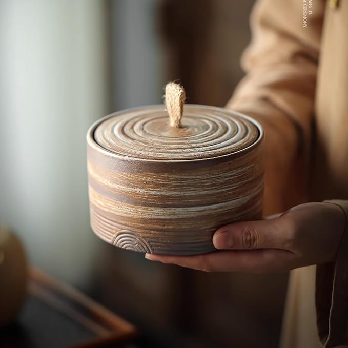 Retro ceramic storage jar - multifunctional jar for tea, coffee, and sugar - decorated kitchen container with lid (A)
