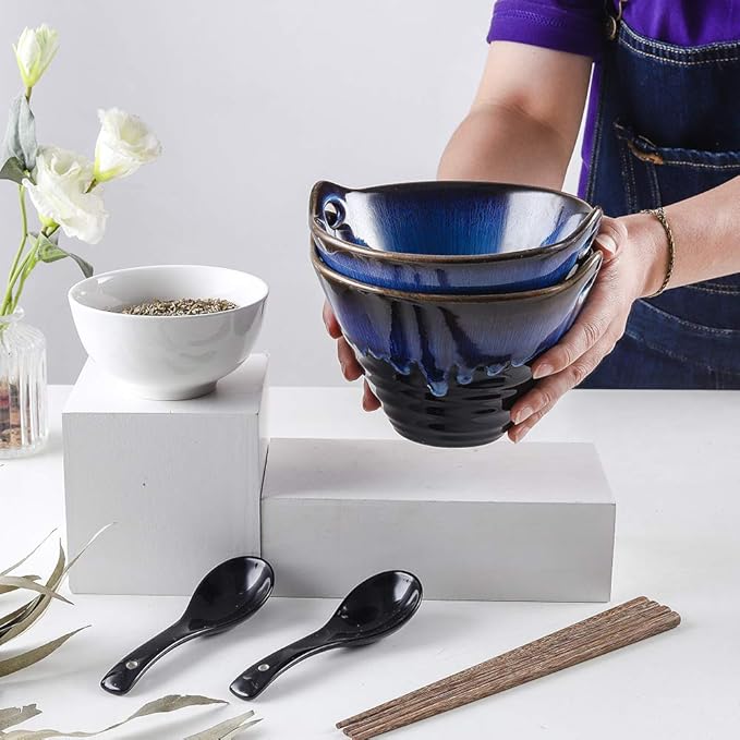 KOOV Porcelain Japanese Ramen Bowls with Chopsticks and Spoons, 26 Ounce, Deep Pho Bowl, Reactive Glaze (Blue Galaxy), Set of 2