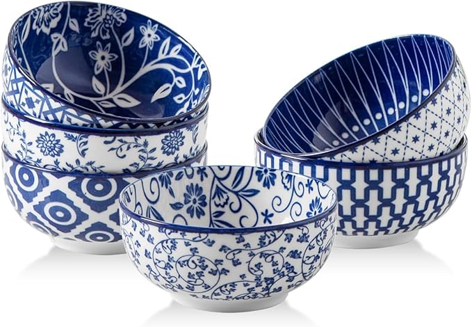Ceramic Dipping Bowls Set - Mini 4 Oz Dessert Bowls Set - Small 3.5 Inch Porcelain Bowls for Side Dishes, Snack, Appetizer, Yogurt - Microwave Dishwasher Safe - Set of 6 - Vintage Blue