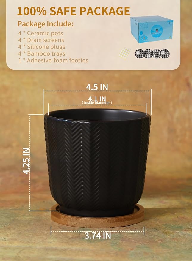 OMAYKEY 4.5 Inch Plant Pots with Saucer, Ceramic Black Planters Pots with Drainage Hole and Mesh Pads for Succulent, Cactus, Herbs - 4 Packs(Plant Not Included)