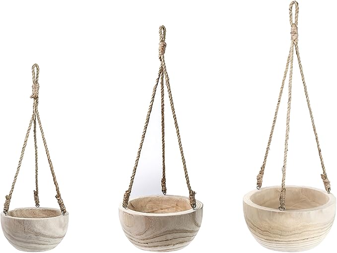 CYS EXCEL Large Wooden Hanging Planter Paulownia Wood Bowl Basket with Jute Rope for Indoor Plants Succulents