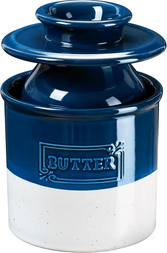 NUTRIUPS Ceramic Butter Crock, Butter Dish with Lid for Countertop with Water Line, French Retro Butter Crock for Spreadable Butter (Ink-Mood White)