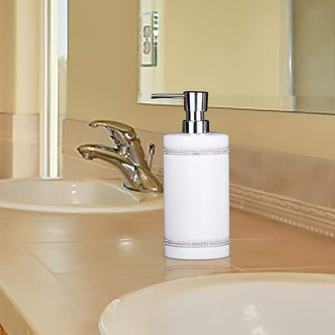 17 OZ Hand Liquid&Lotion Soap Dispenser Pump Bottle Ceramic White for Kitchen Bathroom Countertop Laundry Room Holds Dish Soap Shampoo Laundry Liquid Shower Gel (Inlaid Rhinestone) (White)