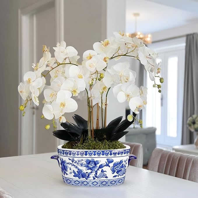 Blue and White Ceramic Planter Pot – Vintage Floral Oval Cachepot Vase for Indoor Plants, Flowers & Succulents – Glazed Chinese Porcelain Style Decorative Bowl –10.6" Size – No Drainage
