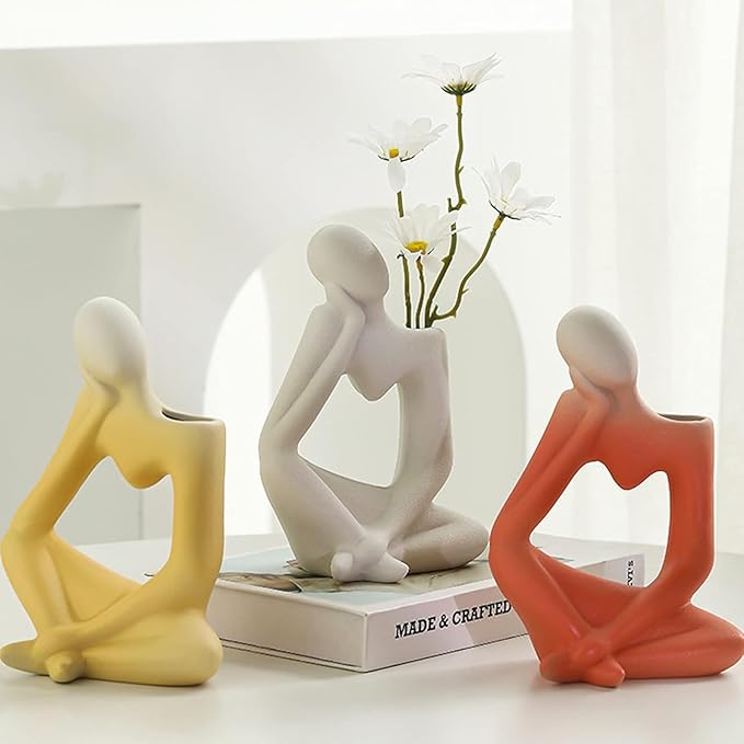 White Thinker Ceramic Flower Vase for Home Decor Modern Cute Boho Vases for Table Room Decor Unique Aesthetic Vase Ceramic Decorative Vases for Centerpieces Birthday Gifts for Women Men