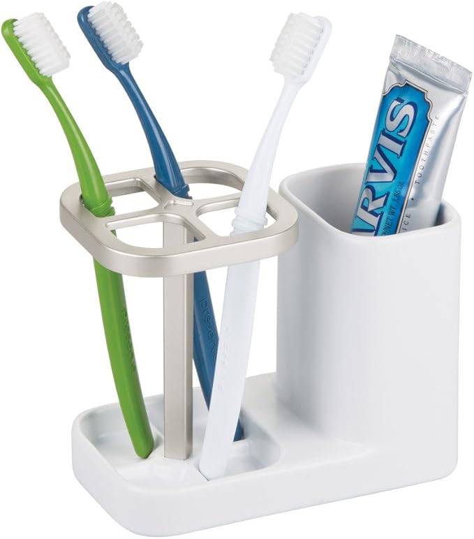 iDesign Sedona Ceramic Toothbrush and Toothpaste Holder for Bathroom Vanity Countertop or Medicine Cabinet -5.75" x 3.10" x 4.49", Satin White/Nickel