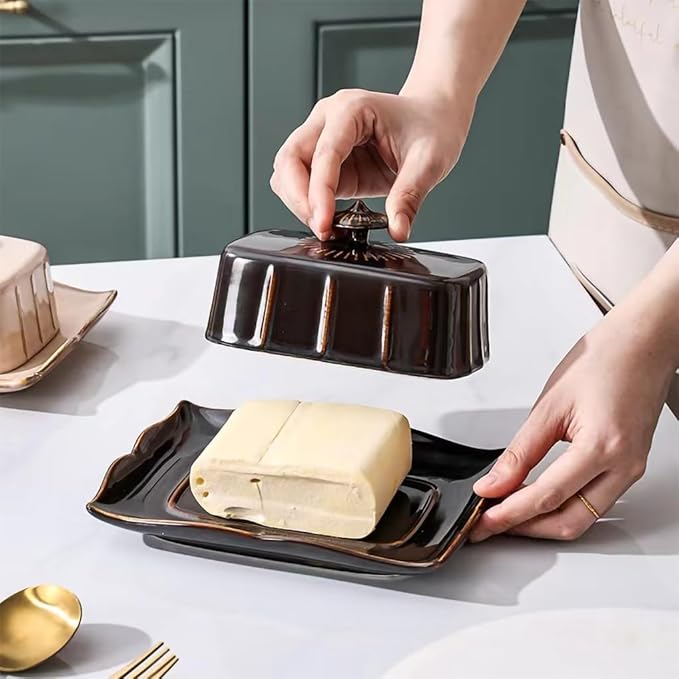 WAIT FLY Vintage Ceramic Butter Dish with Lid for Kitchen Countertop, Home Decorative-Black-1 PCS
