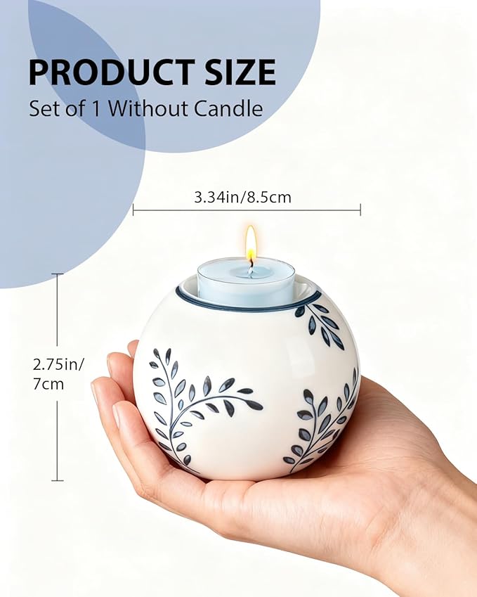 Ceramic Tealight Candle Holder, Chinoiserie Candlestick Holder for Taper Candle, Blue and White Decor, Leaf