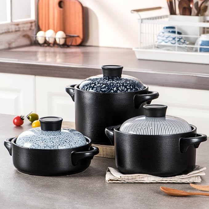 Japanese Clay Pot for Cooking with Lid - Ceramic Casserole Dish & Korean Stone Pot Alternative - Durable Earthenware Nabe Cookware for Rice, Stew & Miso Soup (Non-stick Glaze),3.5L,E