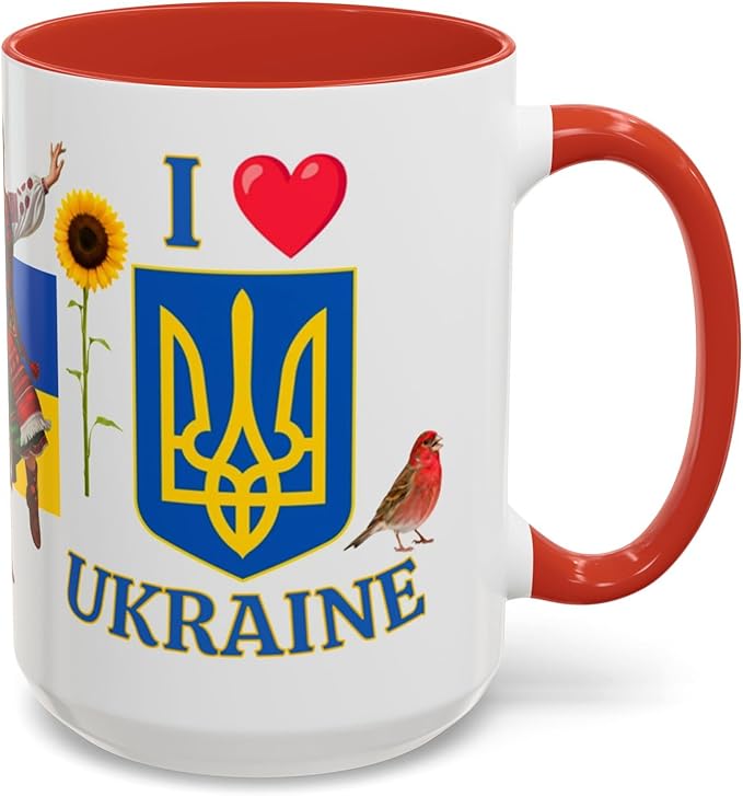 I Love Ukraine 15 oz Coffee Mug - Gift - Christmas Birthdays Gift; Tea Cup (Red Handle)