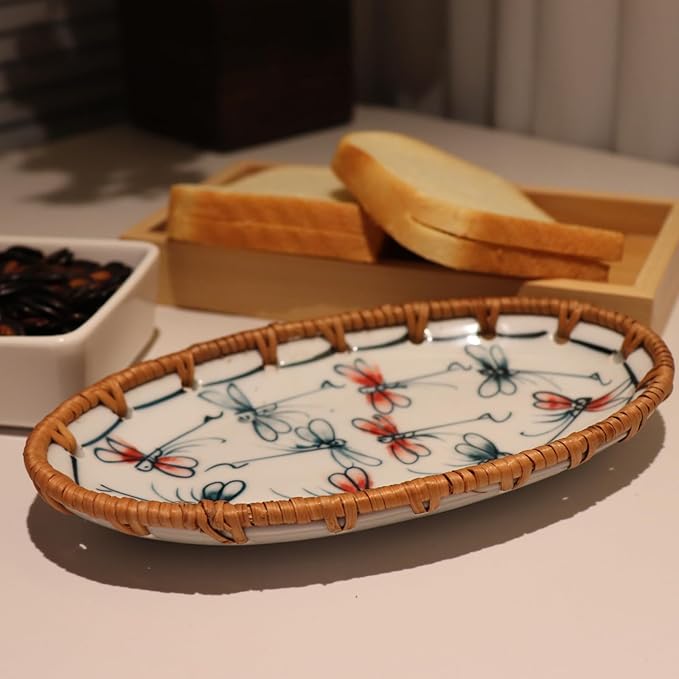 Rattan Ceramic Tray, Oval Fruit/Bread/Cookie/Jewelry Small Storage Porcelain Serving Plate, Vintage Decorative Display Plate for Coffee Table Home Decor Wedding Party Gift (Red Dragonfly)