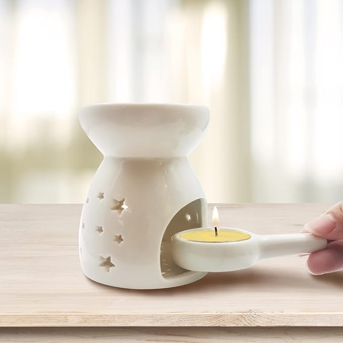 Ceramic Tea Light Candle Holder, Oil Burner for Scented Oil, Tealight Wax Warmer Decoration for Bedroom,Living Room,Balcony,Patio Tabletop Star Birthday Wedding Gift