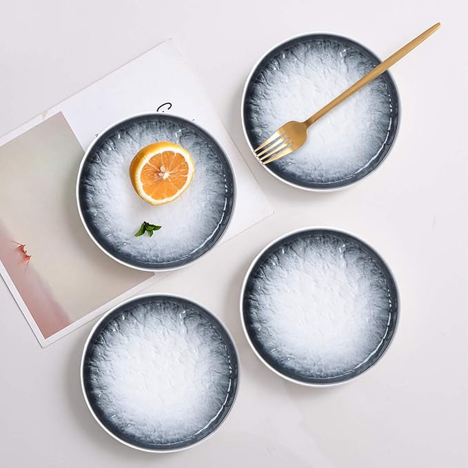 Eglaf 6'' Ceramic Small Appetizer Plates - Porcelain Gradient Water Wave Embossed Texture - Dessert Plates for Tea Party, Cake, Ice cream, Waffles, Apple Pie, Snacks (Set of 6 - Gray)