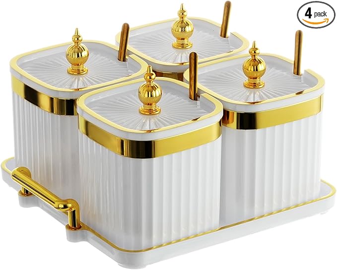 4 Pack Gold Condiment Spice Jars with Lids, Spoons, Tray - Plastic Seasoning Box Set for Salt, Pepper, Sugar - Kitchen Storage