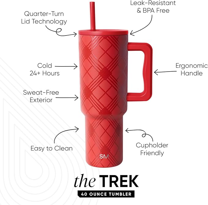 Simple Modern Trek | 40 oz Christmas Tumbler with Handle and Straw Lid | Cup Holder Friendly Insulated Stainless Steel Travel Mug | Holiday Gifts for Women Men Her Him | Holiday Flannel