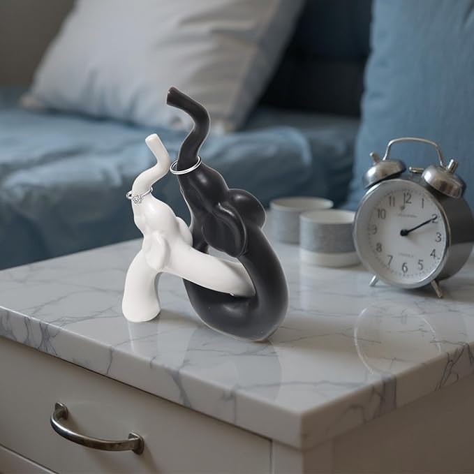 Zerzsy Loving Pair of Elephants Statues Figurine, Modern Style Sculpture Decorative, Ornament Elephant for Living Room Office Cabinets, Shelf - Black & White Ceramic Decor