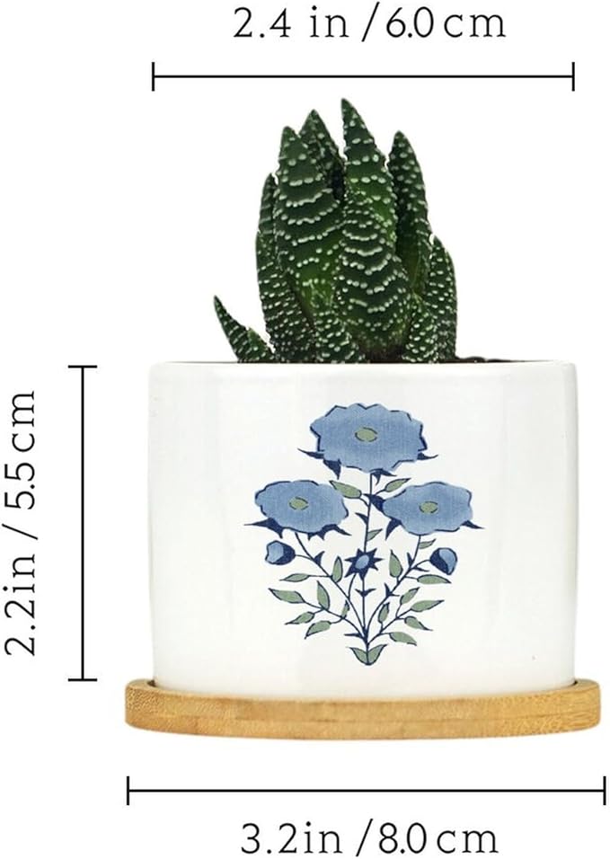 DreamAutumn Blue Flower Ceramic Pots for Plants with Drainage Holes Round Flower Pot Bamboo Tray Orchid Pot Succulents Pots for Outdoor Indoor Plants,Housewarming Gifts