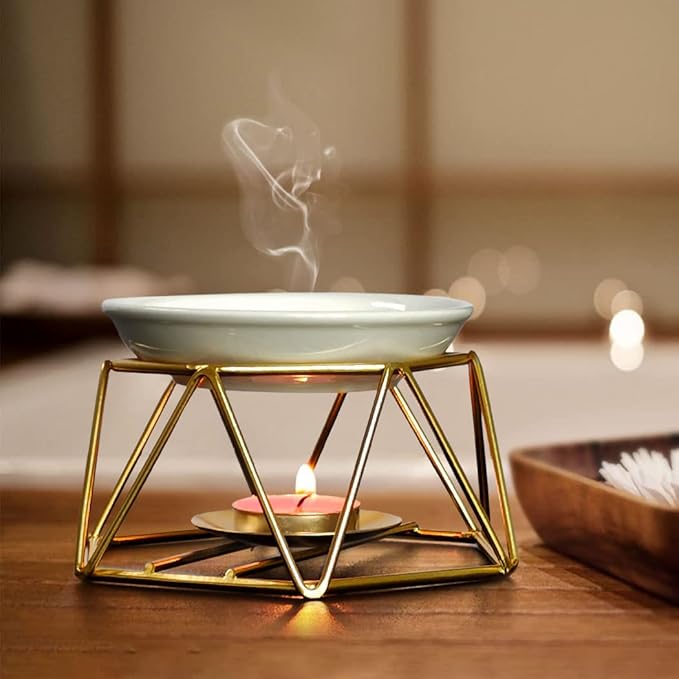 SXCHEN Tealight Oil Burner Ceramic Essential Oil Burner Tealight Candle Holder Aroma Scented Candle Oil Diffuser Glod Metal Tea Light Wax Melt Warmer Furnace Home Decoration