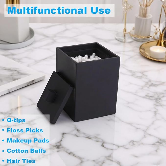 Q-tip Holder Square Cotton Swab Holder with Lid Resin Cotton Ball Canister Jar Cosmetics Makeup Countertop Organizer Containers Canister Apothecary Jar, Matte Black